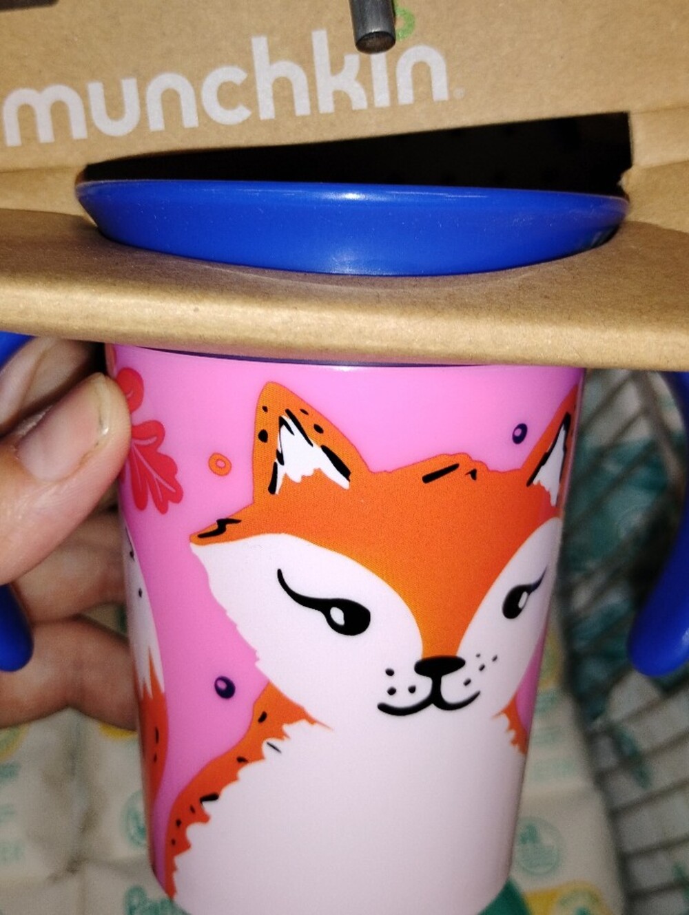 Munchkin Pink Fox Sippy Cup with Blue Handles